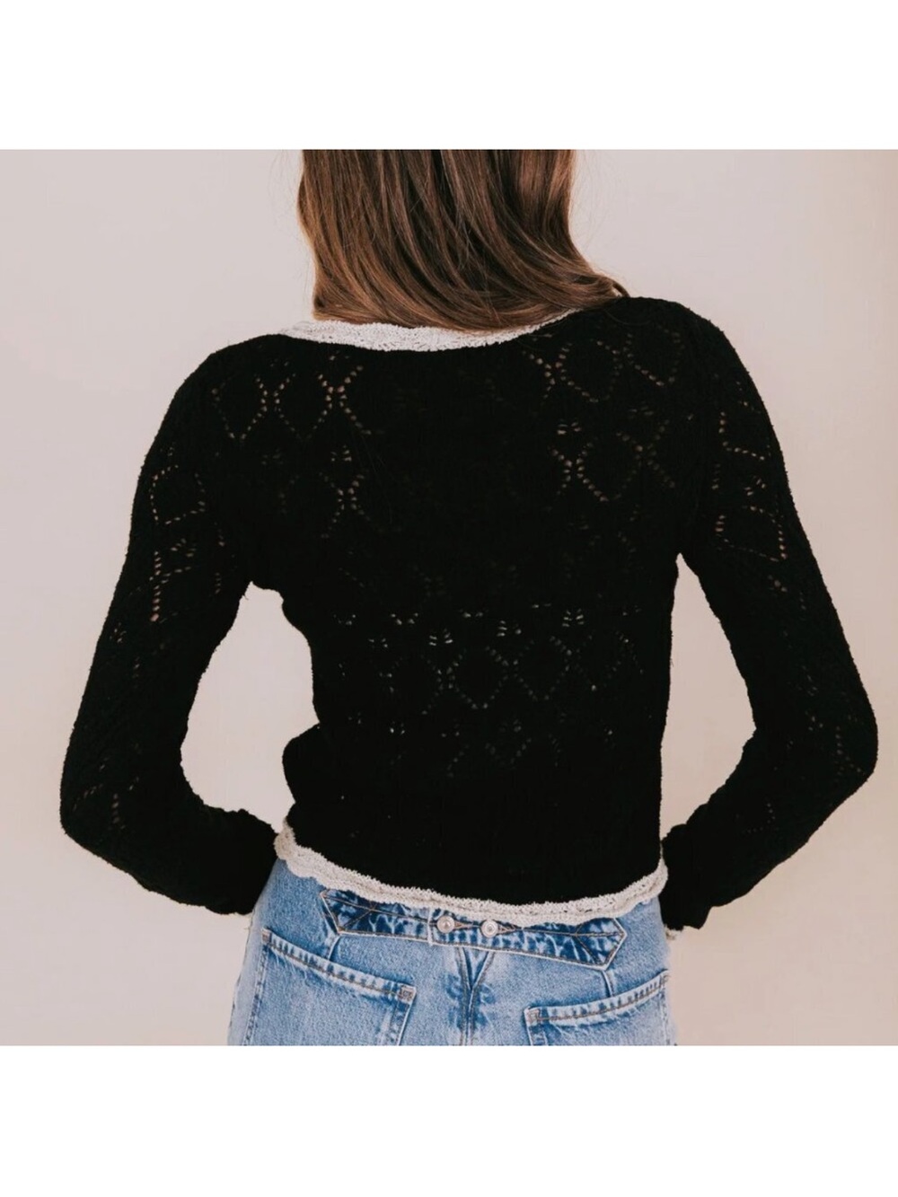 NWOT Free People Adelene Cardigan Black Pointelle Lace Trim Cotton Linen Boho XL - Picture 3 of 10